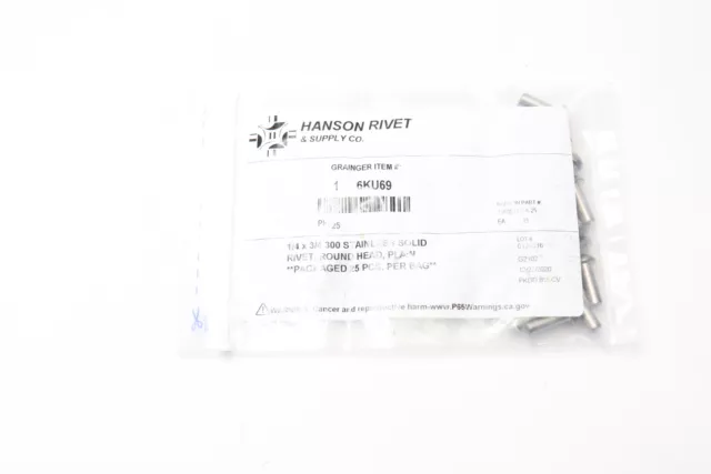 (25-Pk) Hanson Rivet Round Head Rivet Stainless Steel 1/4-In x 3/4-In