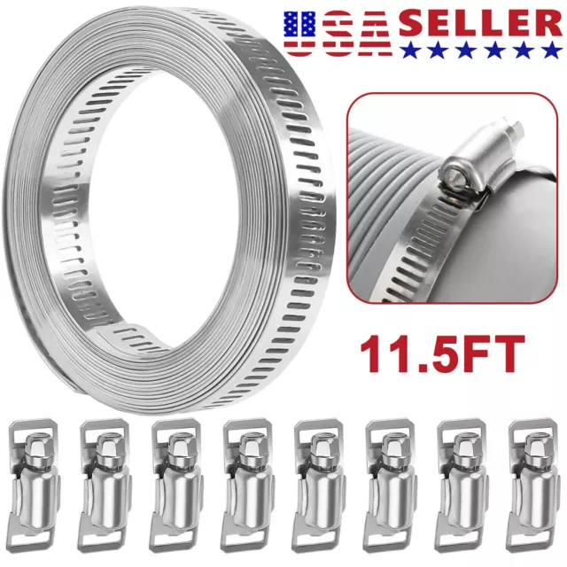 11.5ft Adjustable Large Hose Clamps Worm Gear Stainless Steel Clamp +8 Fasteners