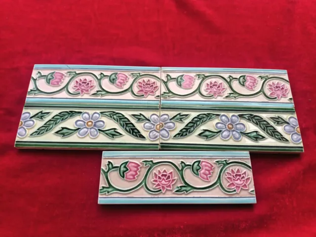 5 Pieces Lot Art Deco Floral Design Embossed Majolica Ceramic Tiles Japan 0326 2