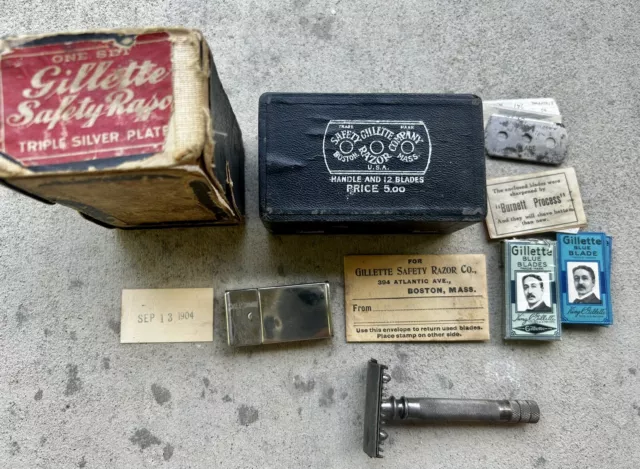 Vintage (Rare) 1904 Gillette Safety Razor Triple Silver Plate W/Org Box