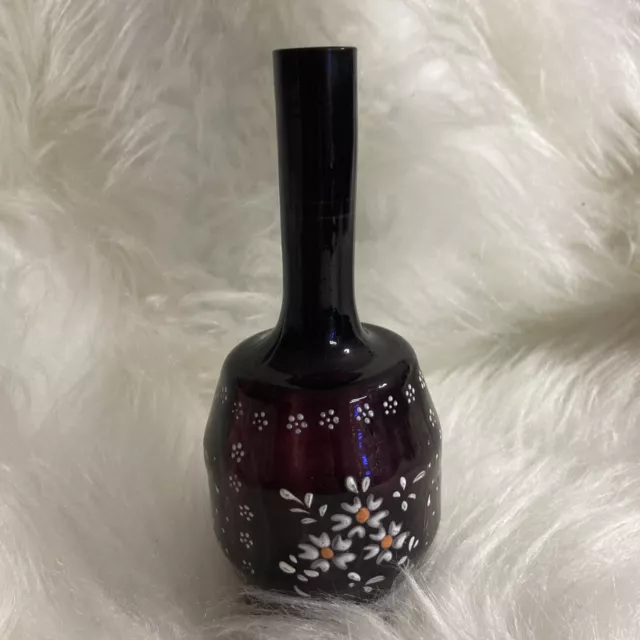 FINE ANTQ AMETHYST GLASS ENAMELED DAISY FLOWER PONTIL BARBER BOTTLE w STOPPER