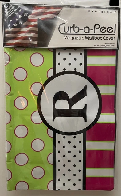 Evergreen Curb-a-Peel Monogram "R"  Pink Green Dot Magnetic Mailbox Cover