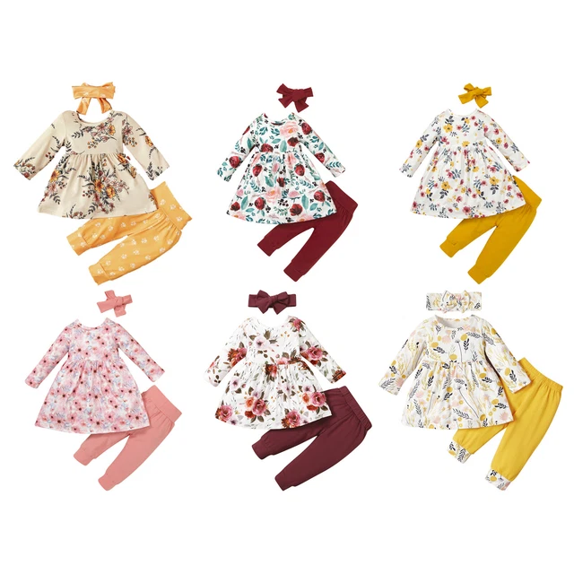 Abiti per bambina abito floreale stile top pantaloni lunghi nodo fiocco set fascia