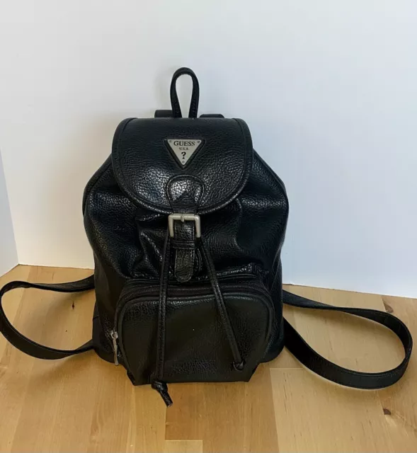 Vintage Guess USA Black Leather Backpack Y2K Drawstring Buckle