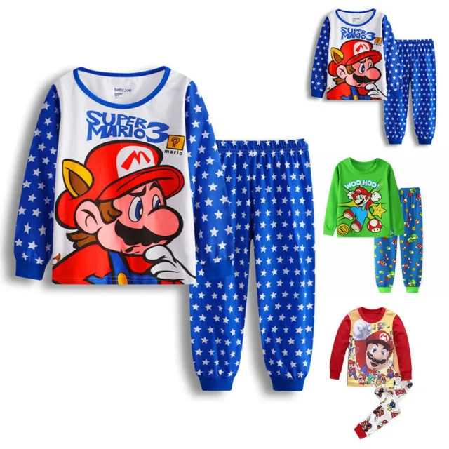 Kids Boys Girls Super Mario Pyjamas Long Sleeve T-Shirt Pants Set Age 4-7 Years