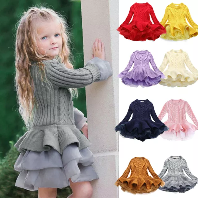 Toddler Baby Kids Girl Winter Tulle Sweater Dress Knitted Crochet Princess Dress