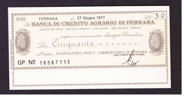 Miniassegno Banca Credito Agrario di Ferrara Ass. Commercianti 50 L 27-6-1977