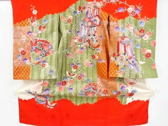 45907# Japanese Kimono / Antique Kimono For Girls / Butterfly & Flower With
