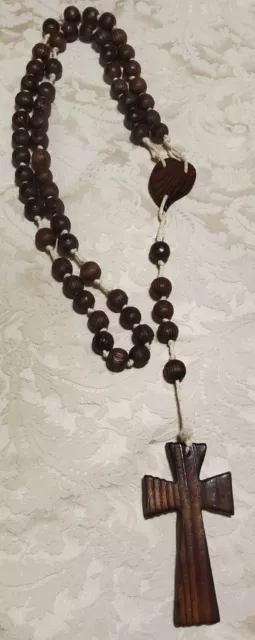 Handcrafted Large Oversized 46" Carved Wood Beads Wall Rosary Heart Cross
