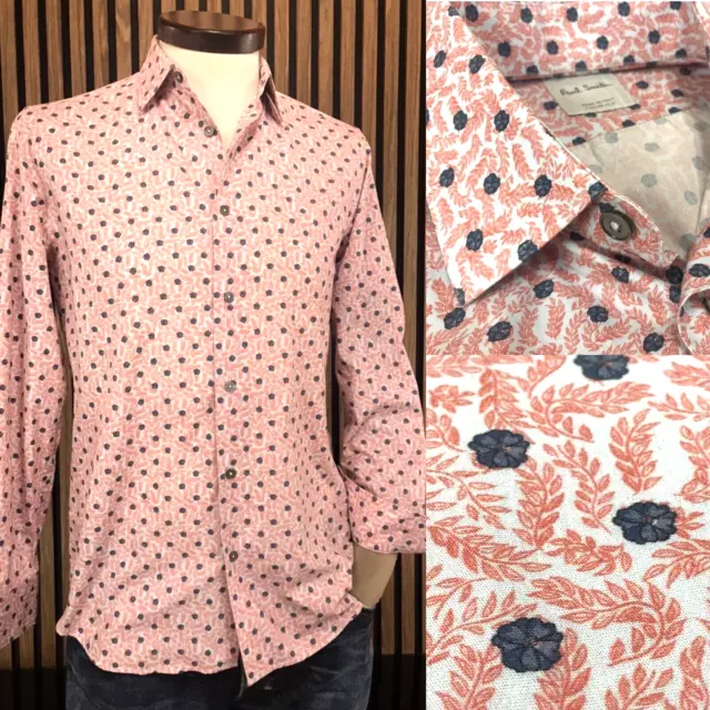 Paul Smith 15.5 Pink FLORAL Flower Leaf Mother Pearl Mens Button Dress Shirt