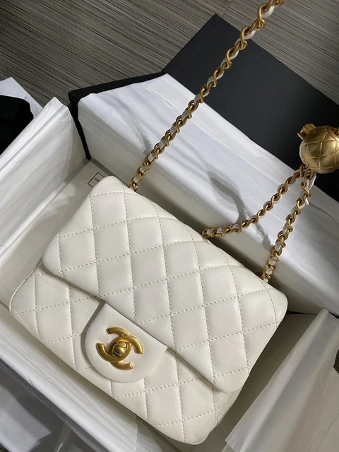 Chanel Mini Square Flap Bag With Pearl Crush Chain Light Green - NOBLEMARS