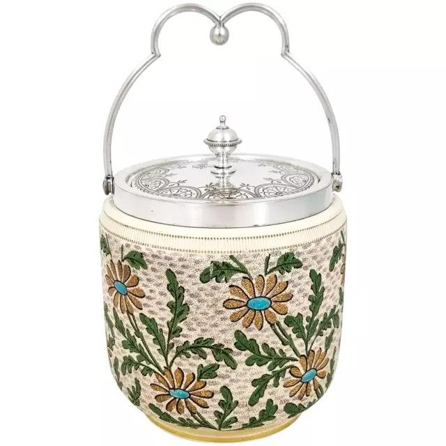 Antique large ornate Victorian silver plate ceramic floral lidded biscuit barrel