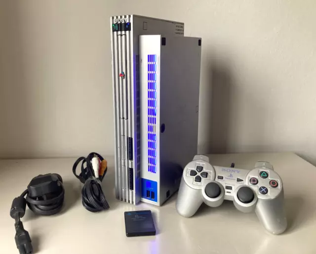 Silver Sony PLAYSTATION 2 PS2 Console full setup with Official Joypad & LED mod