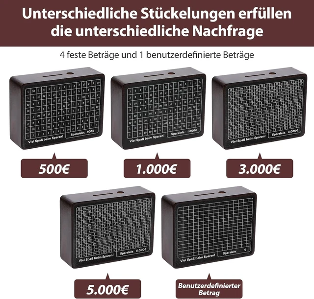 Holz Spardose Mit Ziel-Anzeige - Sparbox Zum Ankreuzen Für 500€ Bis 10.000€ Ziele