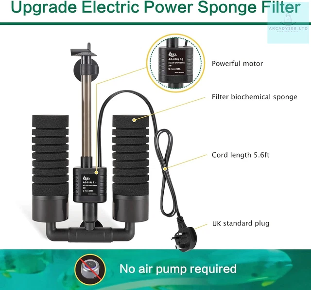 AQQA Aquarium Double Sponge Filter, 3W/5W Quiet Electric Power Fish Tank Filter, 2