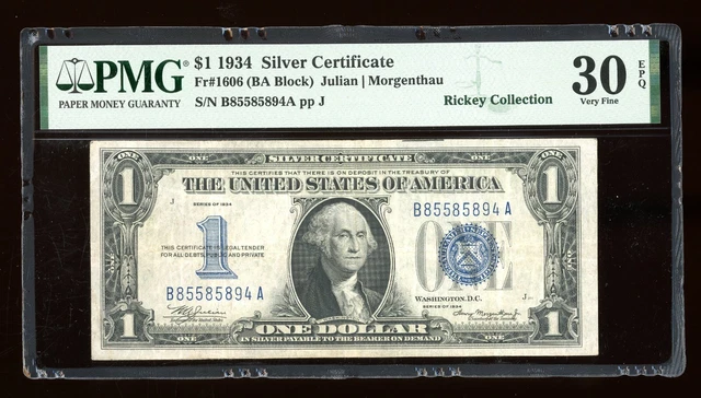 DBR 1934 $1 Silver Funnyback Fr. 1606 BA Block PMG 30 EPQ Serial B85585894A