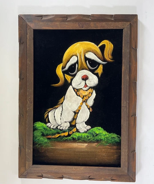 VINTAGE VELVET PAINTING Big Sad Eyes Puppy Lrg Signed Dog Mid