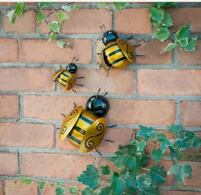 3pk Metallic Bumble Bee Decoration Wall Art for Garden, Fence, Wall, Tree, Patio