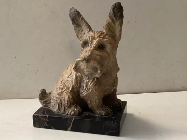 Très Belle Sculpture Animalière Ancienne Scottish Terrier. Terre Cuite.