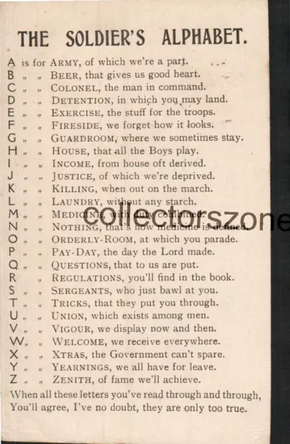 WW1 The Soldiers Alphabet  Humorous Text Printed Postcard unposted