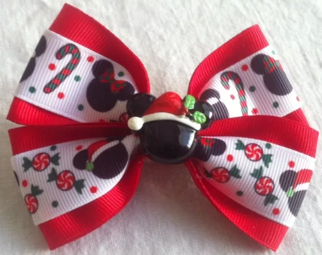 Girls Hair Bow 4" Wide Christmas Candy Cane Red Minnie Santa Hat Flatback