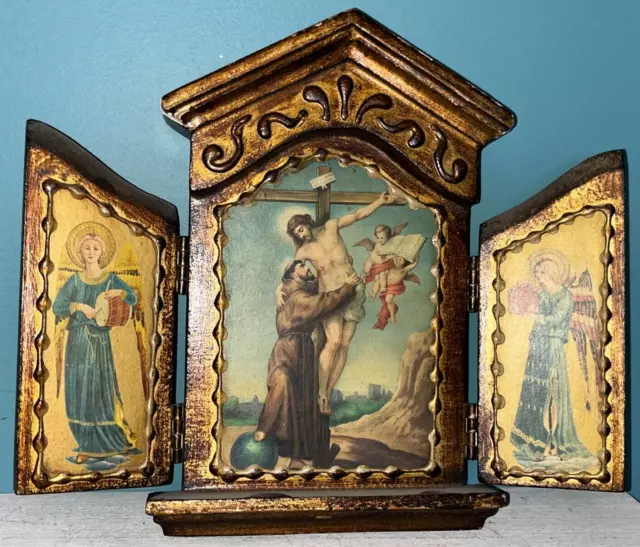 Antique Nuns Convent St. Francis Taking Jesus Down From The Cross Triptych Icon