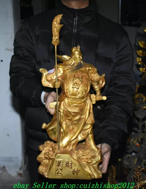 20" Old Chinese Copper Gilt Dragon Guan Gong Yu Warrior God Sword Knife Statue