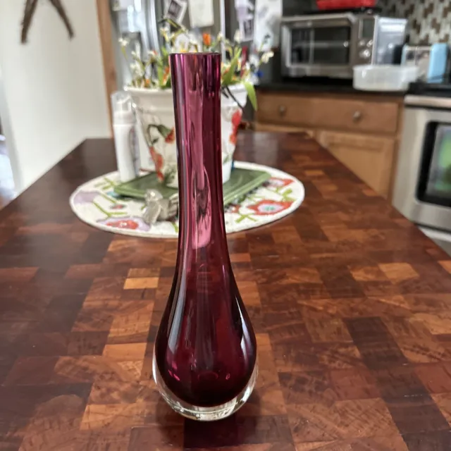 Murano Sommerso Teardrop Bud Vase Cranberry Ruby Red Art Glass, 9 in Tall