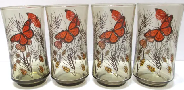 Vintage Libbey Glass Tumblers SET OF 4 Monarch Butterflies Wheat Brown 5 1/4" T