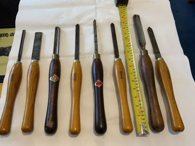8 X wood turning chisels 5 Marples, 3 X Henry Taylor 3/8 - 1" Skew parting gouge