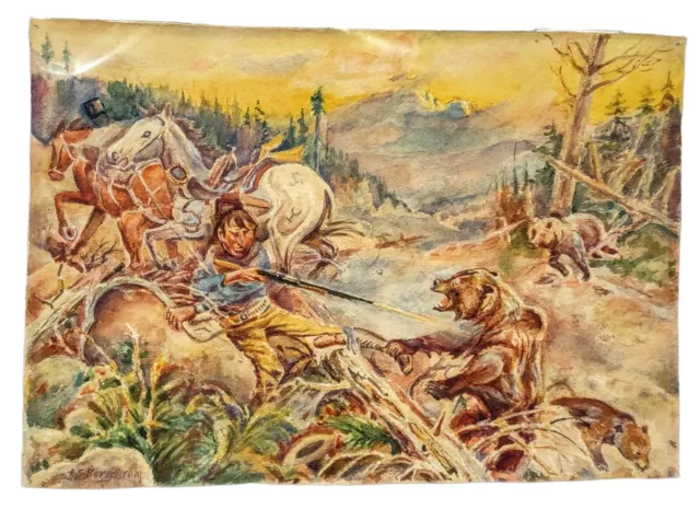 Original Watercolor Wild West Horses Cowboy Y Brand Grizzly Bear Art Signed VTG