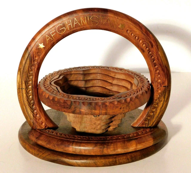 Vtg. "Afghanistan" Folding Collapsible Hand Carved Wood Basket Trivet