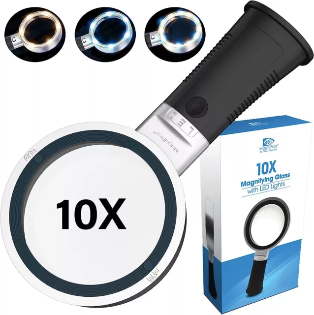 Magnifying Glass 10X 12 LED Light Handheld Antiglare Reading Magnifier FreeStand