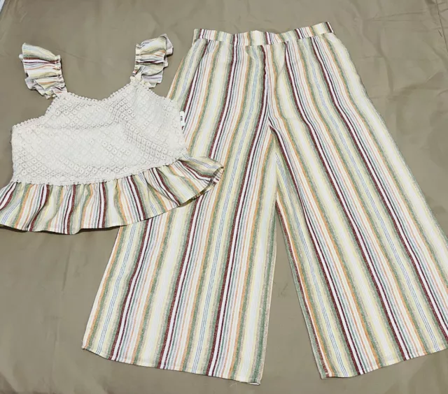 Knit Works Girls 2piece Pant Sets Size 16 Ruffle Top Ivory Crop Wide Leg Outfits