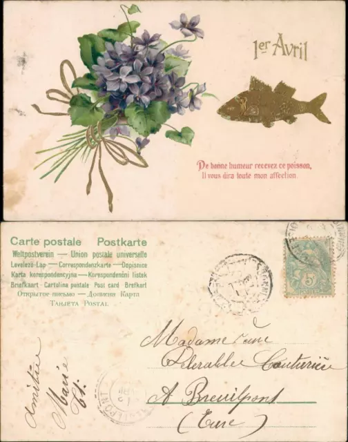 Ansichtskarte  1. April Scherzkarte Fisch & Blumen Motiv 1908 Goldrand