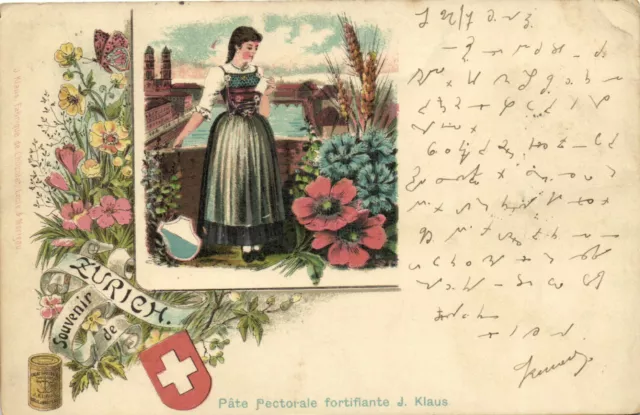 PC SWITZERLAND, SOUVENIR DE ZURICH, Vintage LITHO Postcard (b29443)