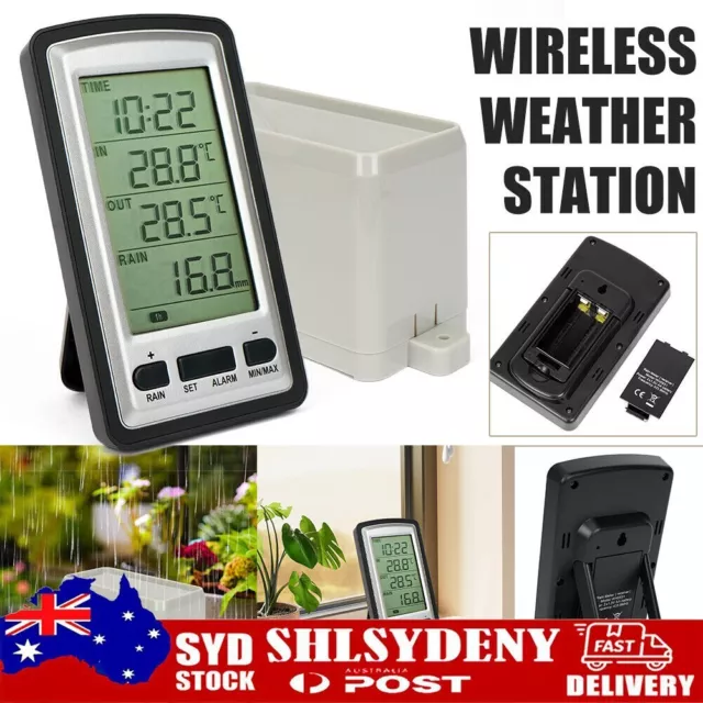 Wireless Weather Station Thermometer LCD Digital Alarm Clock Rain Gauge indoor