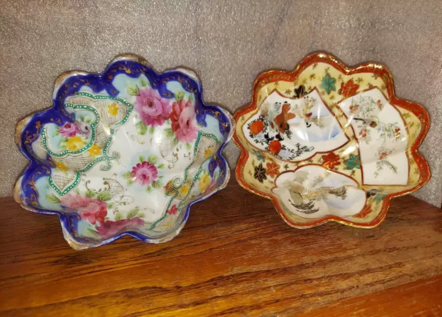 2 antique Berry Bowls Hand Painted Japanese Fine Porcelain Ripple Bowls