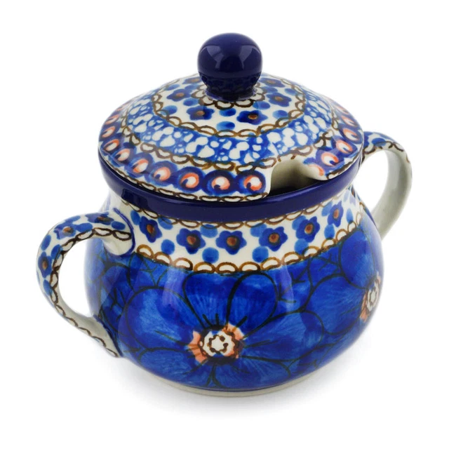 Polish Pottery Sugar Bowl 7 oz Ceramika Artystyczna Cobalt Poppies UNIKAT