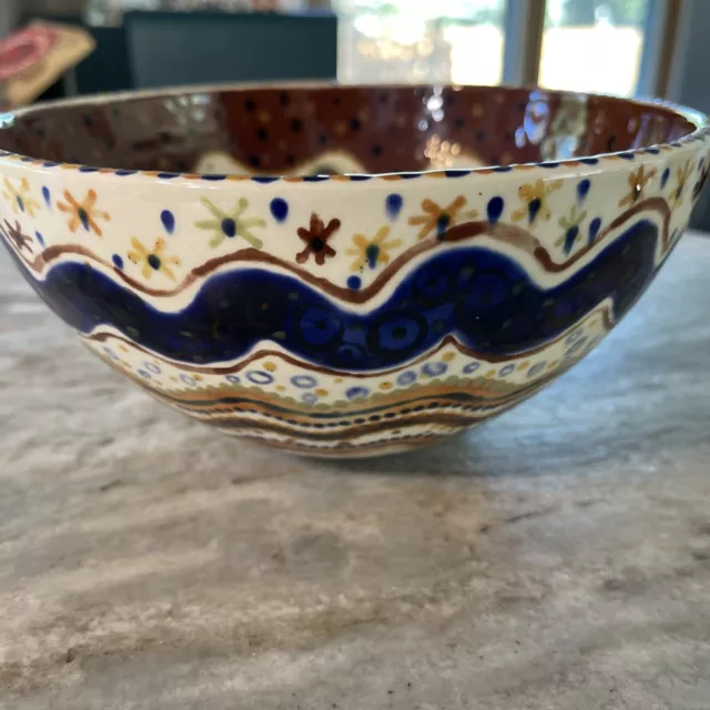 Vintage Polish Style Serving Bowl Blue Brown 7.5”  Wide X 3.75” Tall Unsigned