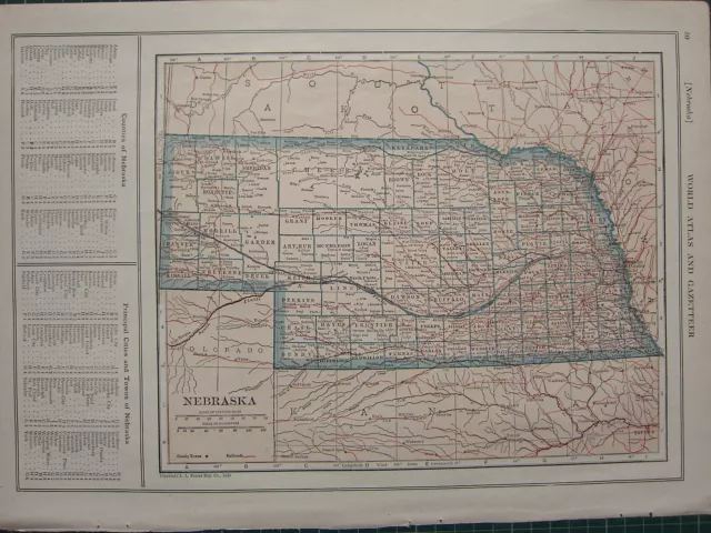 1926 Map ~ Nebraska Principal Cities & Towns Counties Lincoln Dundy Perkins