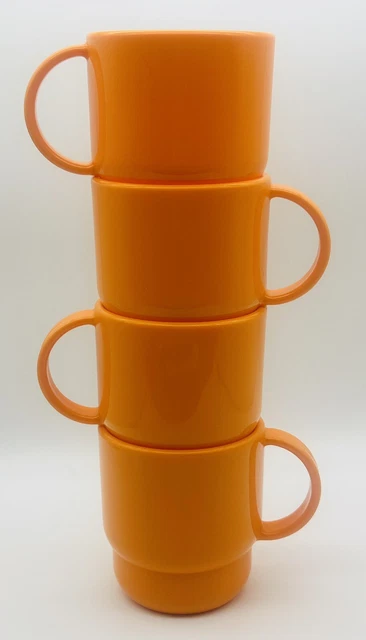 Vtg Set of 4 Tupperware Stackable Coffee Tea Cups Mugs Orange 2224B 1-4