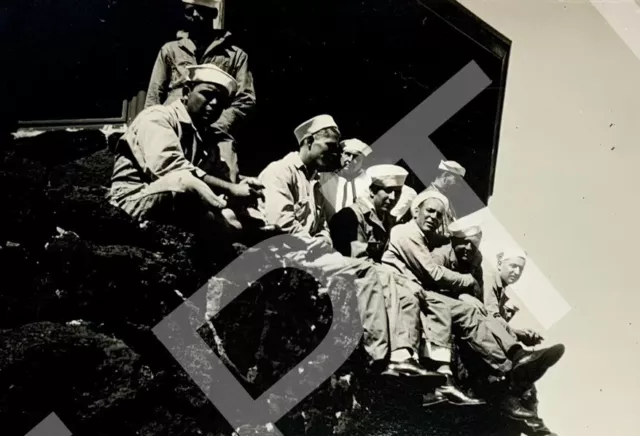 Vtg Photo Handsome Young Men Navy Sailors In Uniform Sitting On A Wall 1940s