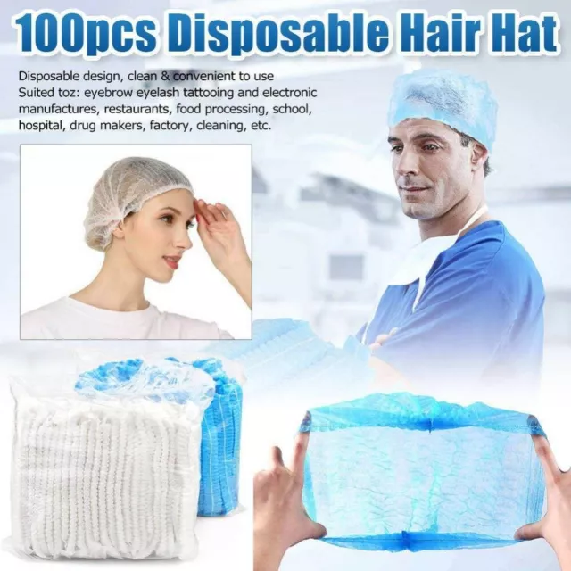 100 Disposable Caps Hair Net Food Catering Kitchen Mob Non Woven Workwear Hat UK