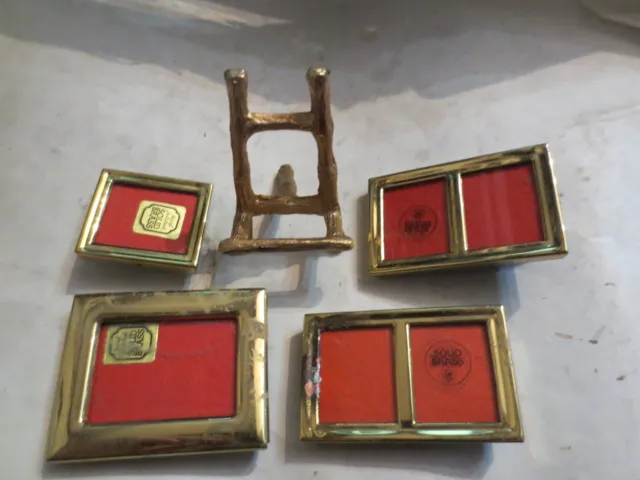 Vintage lot of 4 Solid Brass Miniature Mini Picture Frame Double Square + Easel