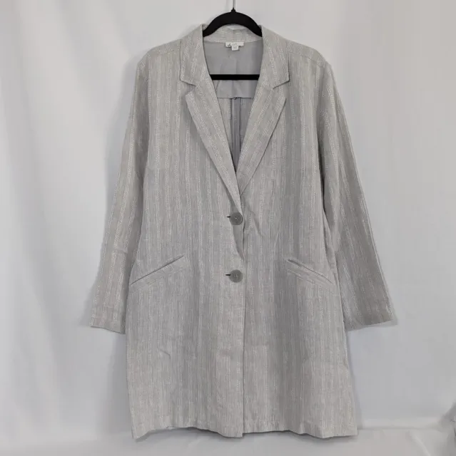 J Jill Linen Long Blazer Women's Large Two Button Notch Lapel Grey White