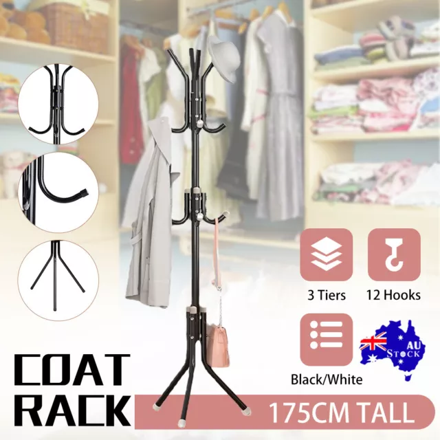 3 Tiers Garment Clothes Coat Rack Stand Wooden Tree Hanger Bag Hat Hook Holder