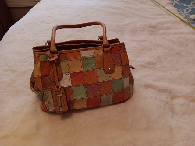 Vintage Colorful Fossil Vintage Boho Patchwork Leather Tote Shoulder Bag Purse