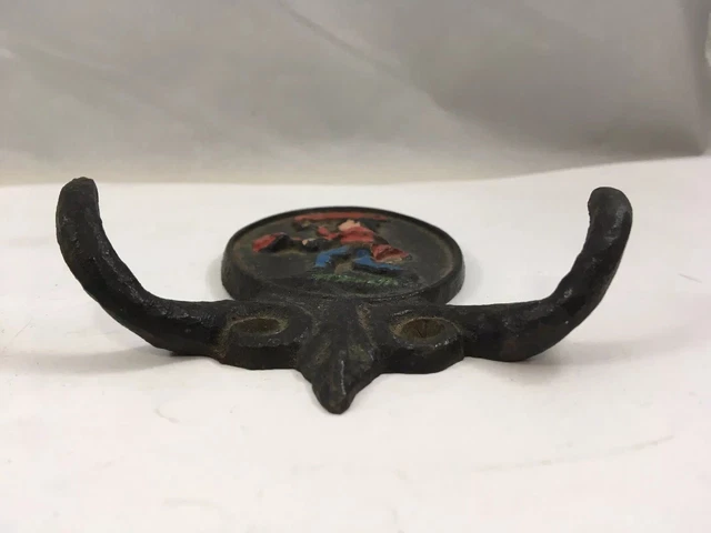Cast Iron Wall Coat Hooks Top Hat Man Blowing Horn Figure Vintage Set of 2 12