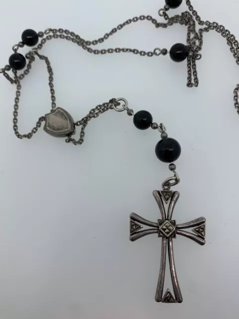Gothic Style 925 Silver & Marcasite Cross Pendant Necklace
